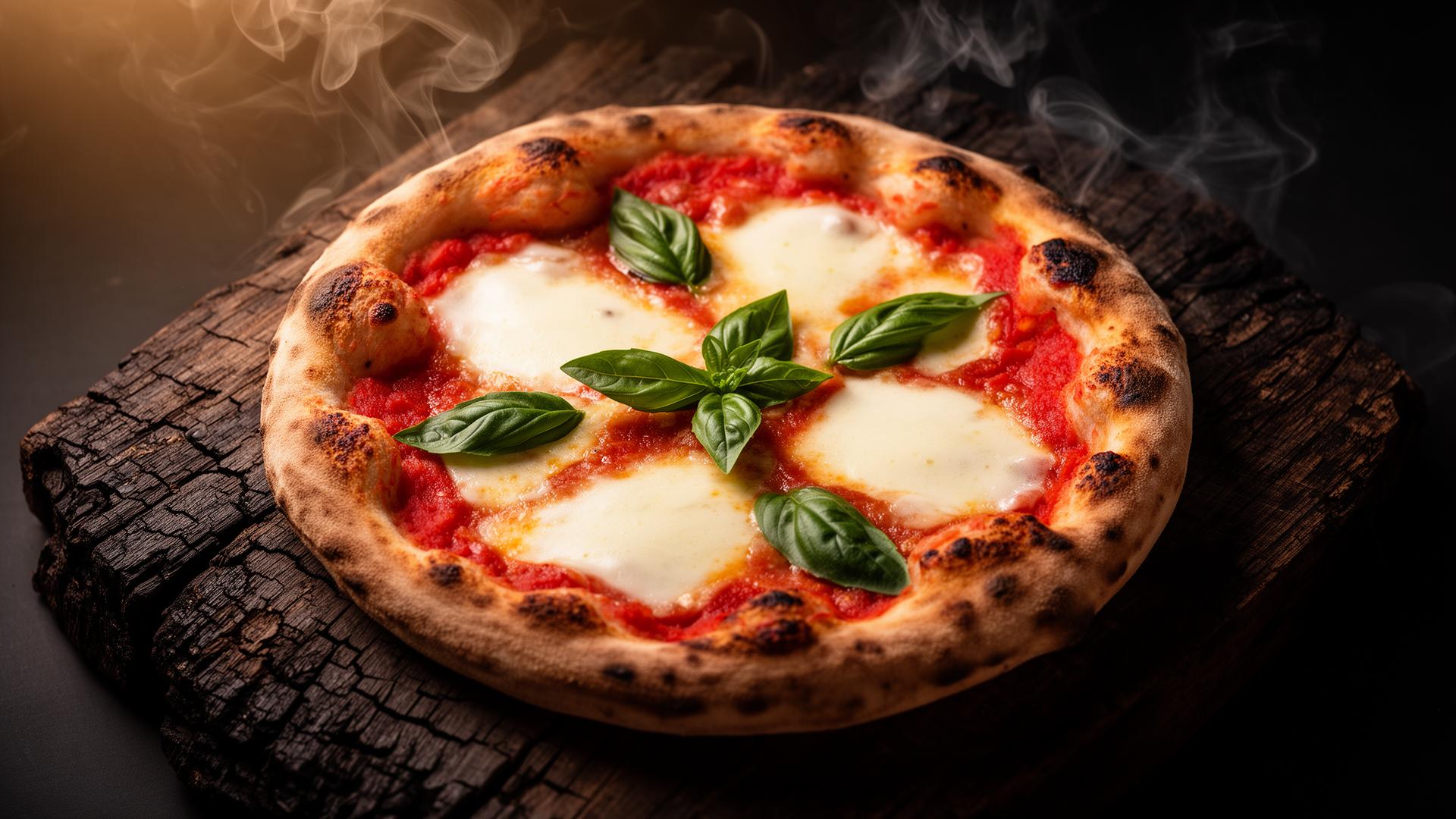 Pizza margherita artesanal saindo do forno a lenha